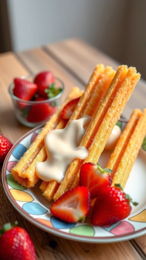 Creamy vanilla custard churros with strawberries