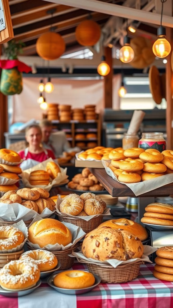 A colorful display of various baked goods in a bakery.