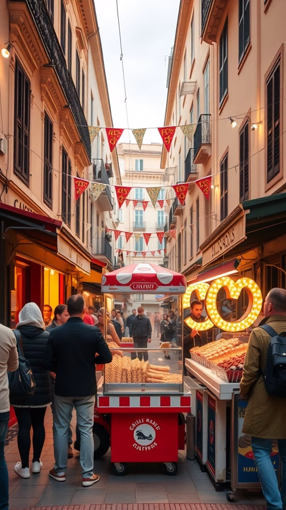 A lively street scene with a churro cart and colorful flags, capturing the festive atmosphere of churros as a cultural treat.