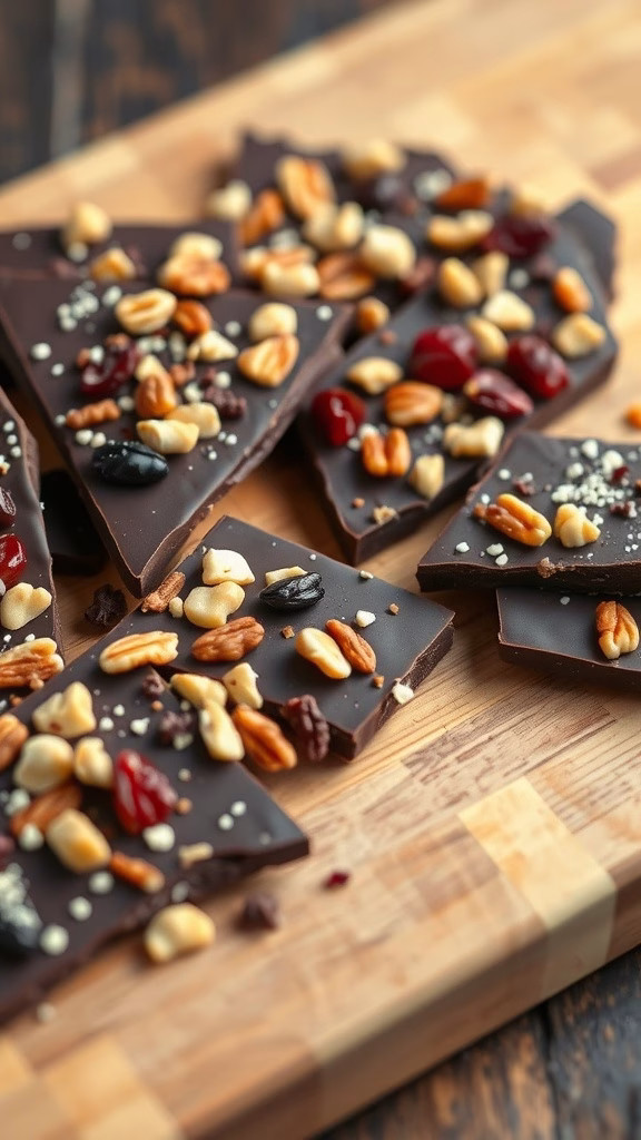 Dark chocolate bark topped with nuts and dried fruits on a wooden surface.