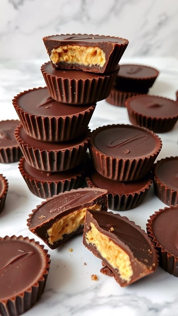 Dark chocolate peanut butter cups stacked on a surface, some cut in half to show the creamy filling.