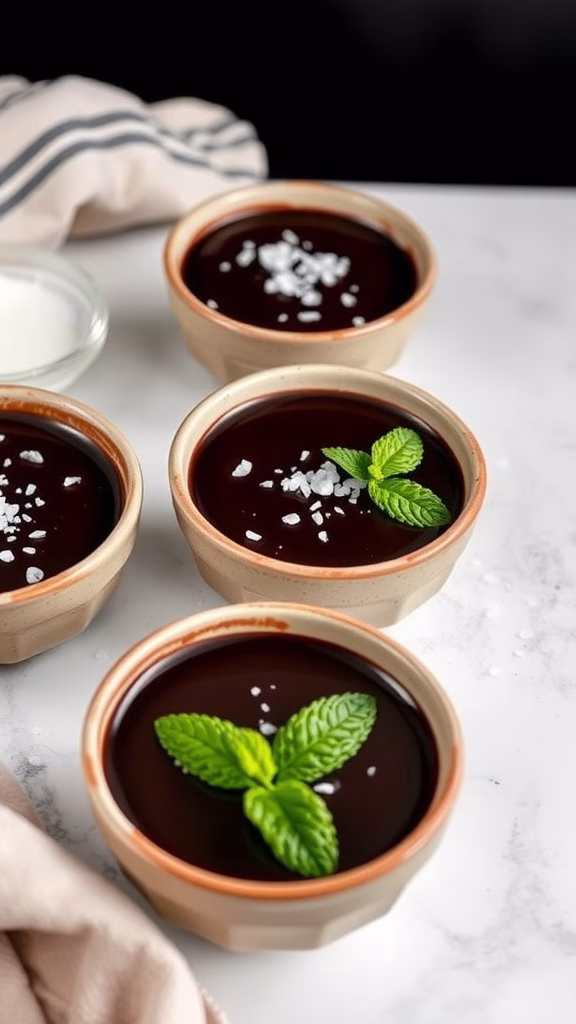 Bowls of dark chocolate pudding garnished with sea salt and mint leaves.