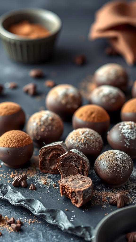 Dark chocolate truffles rolled in cocoa powder on a dark background.
