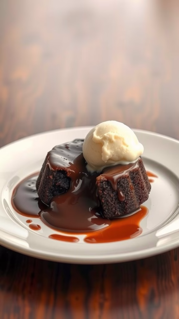 A decadent chocolate lava cake with a scoop of ice cream on a white plate.