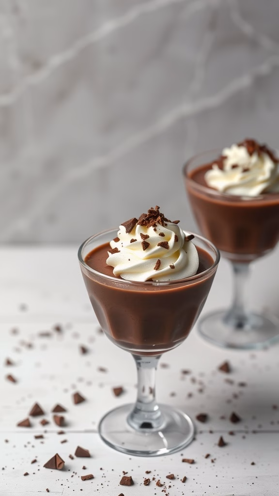 Delicious dark chocolate mousse topped with whipped cream and chocolate shavings in a glass cup.