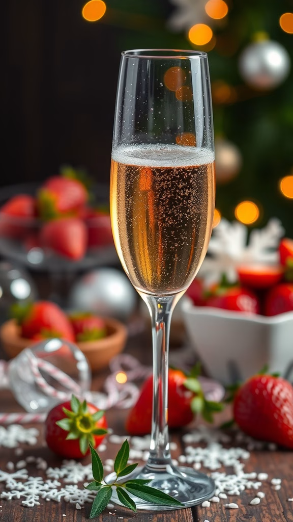 A glass of sparkling Demi-Sec Champagne with fresh strawberries in a festive setting.