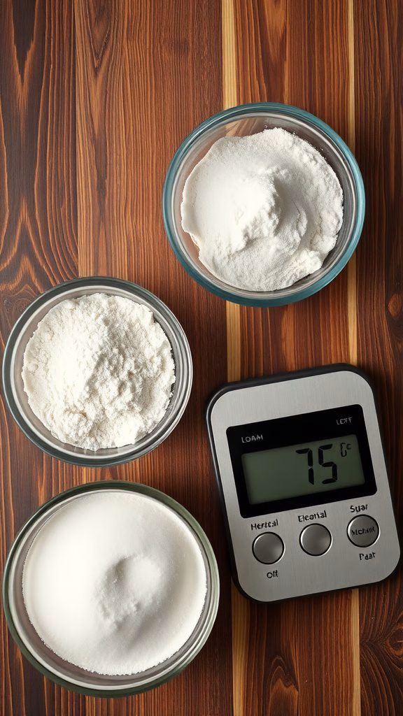 Digital kitchen scale with bowls of flour and sugar on a wooden table