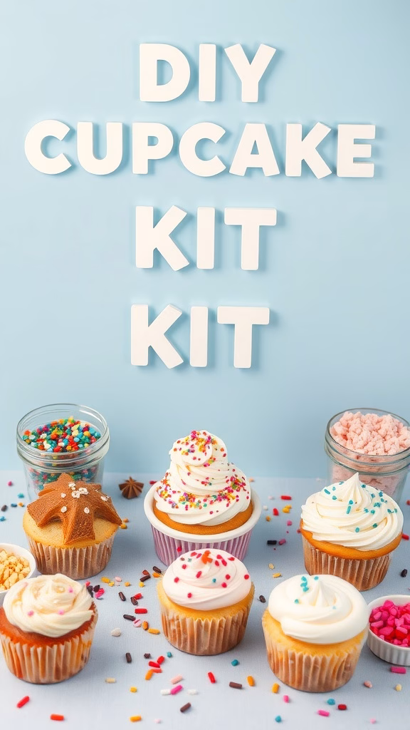 Cupcake decorating kit with colorful sprinkles, frosting, and various cupcakes