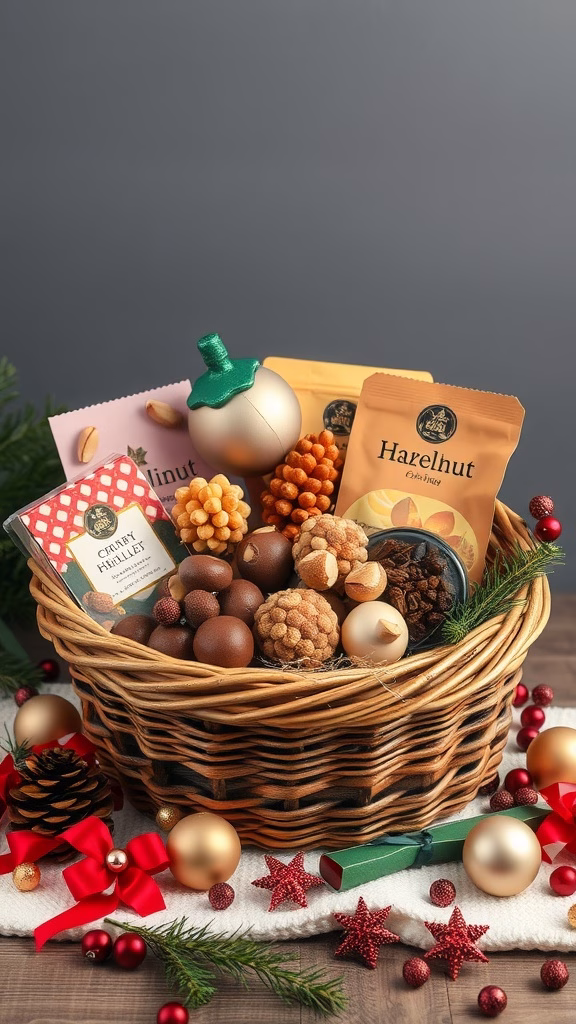 A beautifully arranged hazelnut chocolate gift basket filled with various homemade treats.