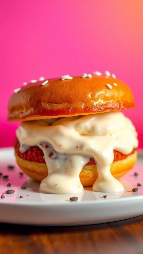 A delicious doughnut ice cream sandwich with melted ice cream and sprinkles.