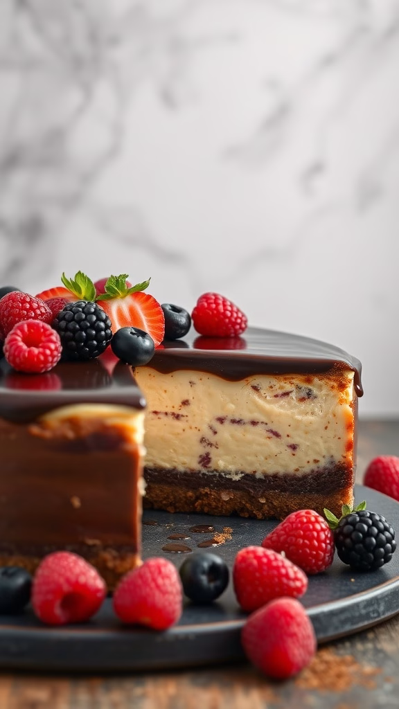 A slice of dual flavor cheesecake with chocolate and vanilla layers, garnished with fresh berries.