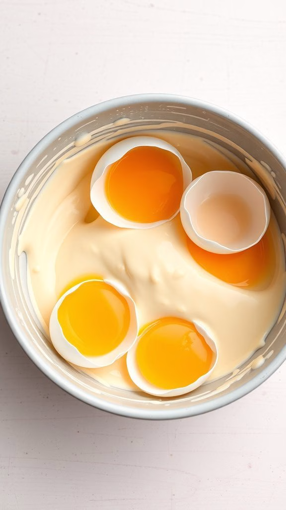 A mixing bowl with a creamy cake batter and broken eggshells