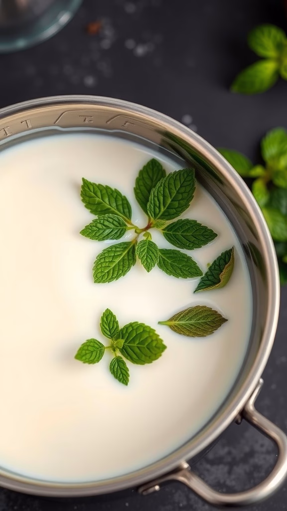 A pot with cream and fresh mint leaves