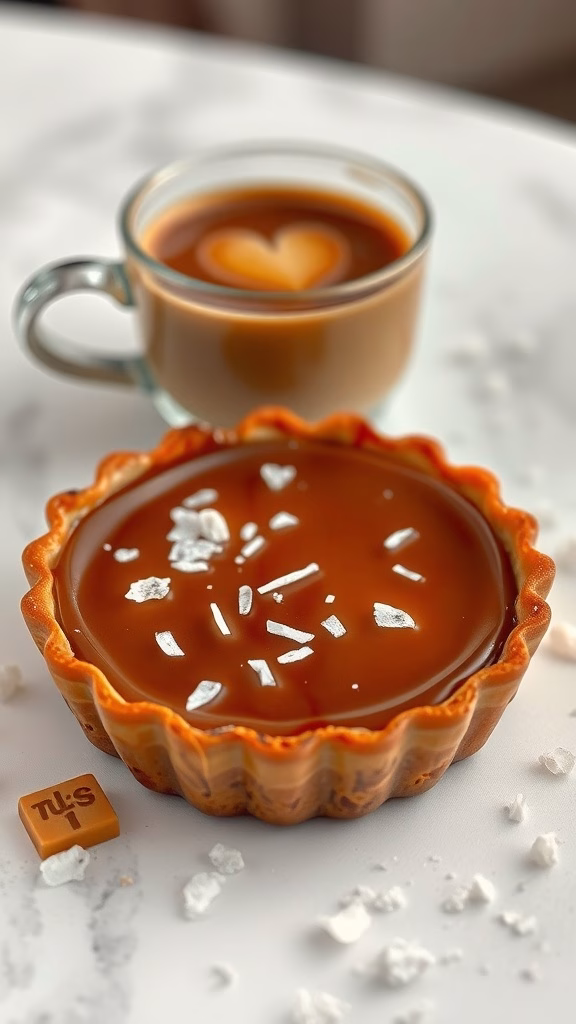 A beautifully presented French salted caramel tart sprinkled with sea salt, accompanied by a cup of coffee with a heart design.