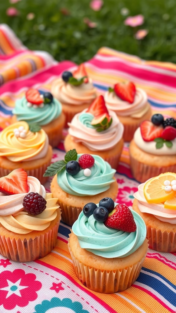 Colorful fruit-filled cupcakes with various toppings and decorations