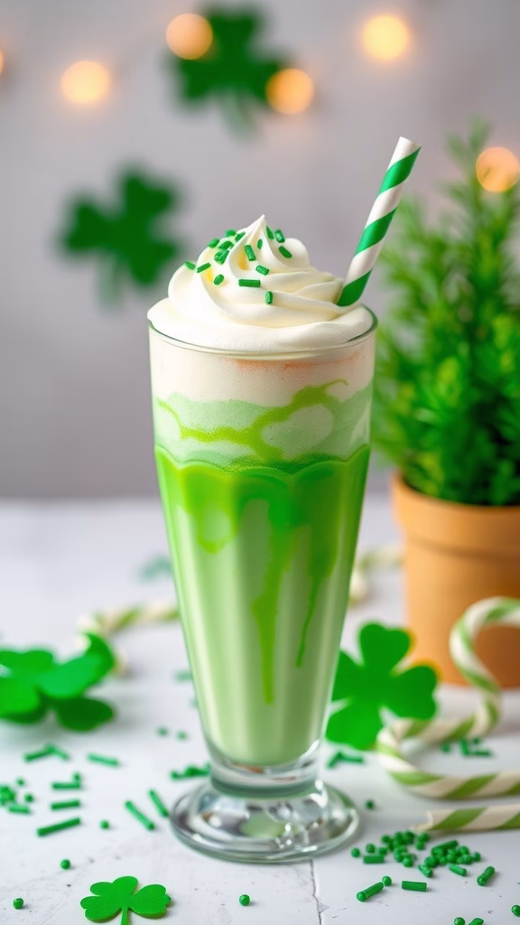 A vibrant Fruity Shamrock Shake topped with whipped cream and green sprinkles in a tall glass.