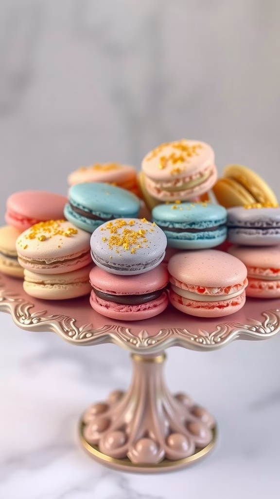 A plate of colorful macarons topped with edible gold dust.