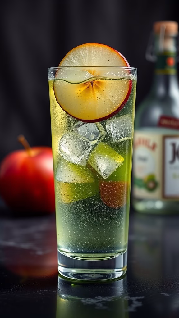 A refreshing green apple spritz with apple slices and ice.