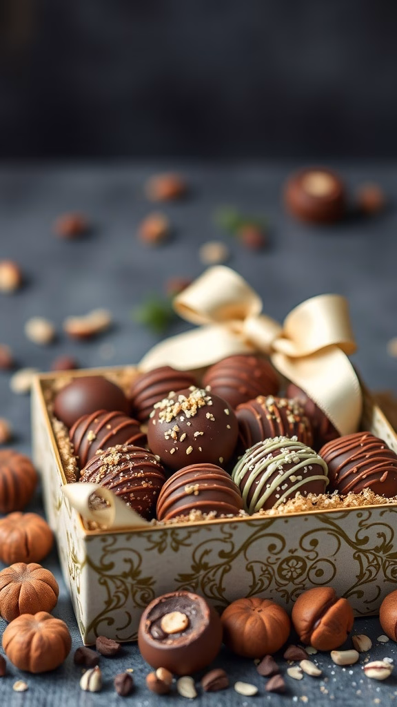 A beautifully arranged box of homemade hazelnut chocolate truffles with a golden ribbon.