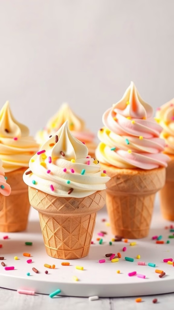 Colorful ice cream cone cupcakes with sprinkles