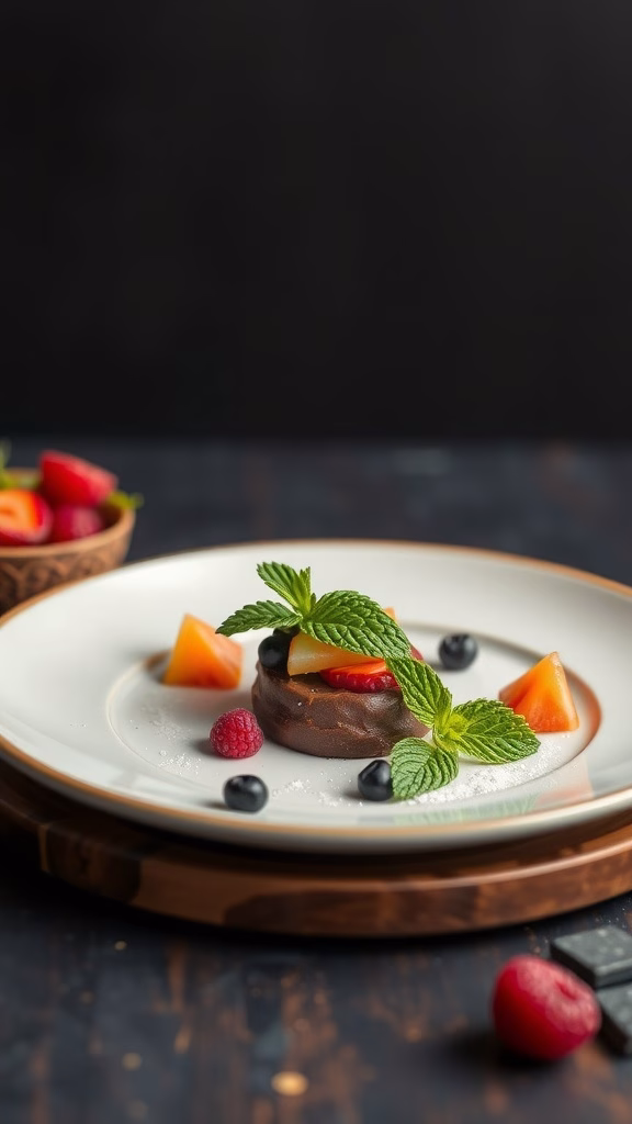 A beautifully plated chocolate dessert garnished with fresh mint leaves and served with fruits.