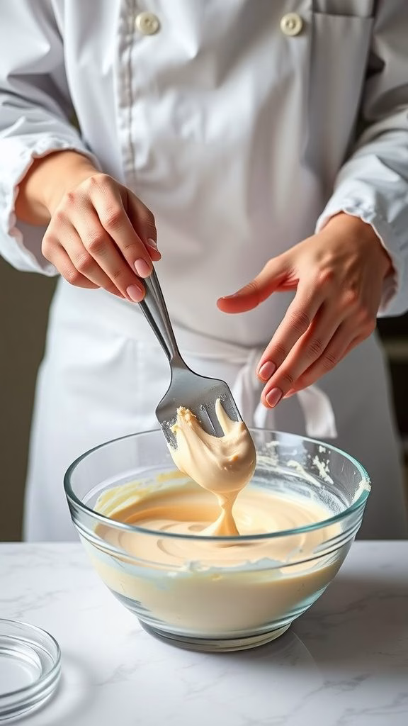 A baker folding cake batter in a glass bowl with a spatula, demonstrating the folding technique for fluffy cakes.