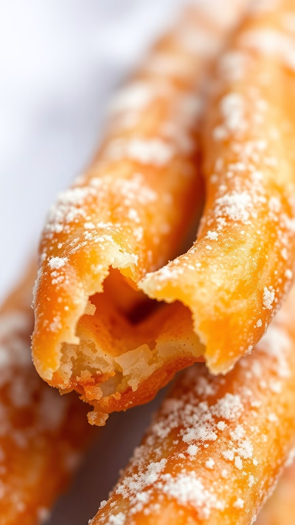 Close-up of a churro with a bite taken out, showcasing its crunchy texture and sugar coating.