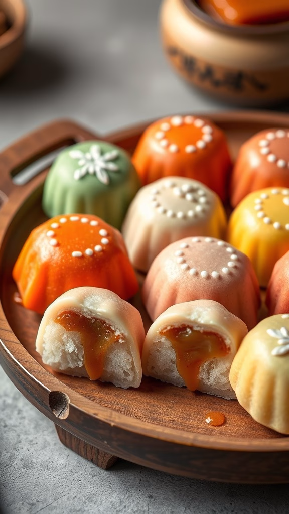 Colorful Japanese mochi filled with caramel on a wooden plate.