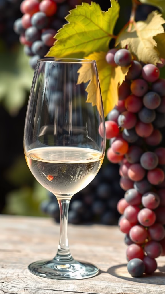 A glass of Late Harvest Riesling wine next to ripe grapes