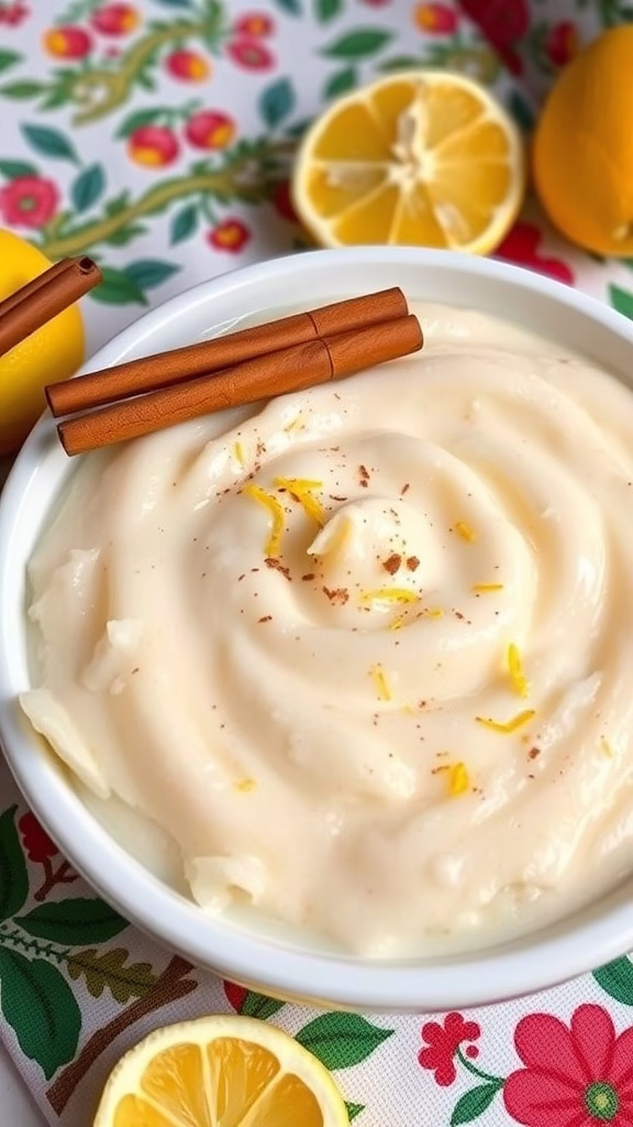Bowl of lemon-scented rice pudding with cinnamon sticks and lemon slices
