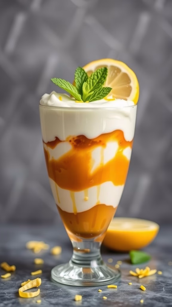 A refreshing lemon caramel cream parfait served in a glass