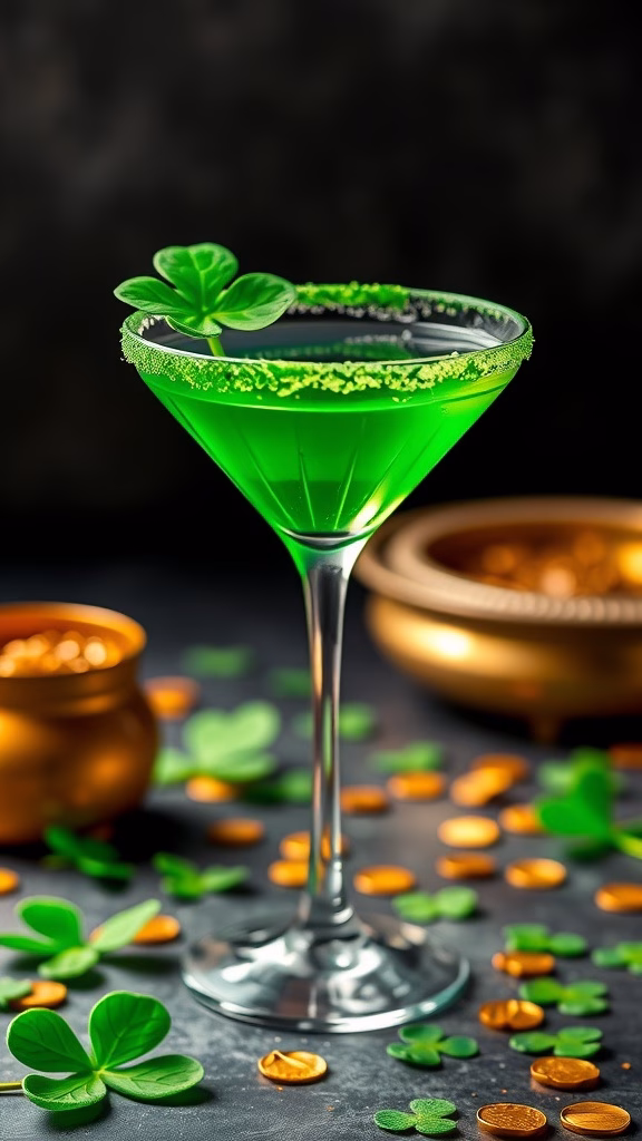 A vibrant green cocktail in a martini glass with a rim of green sugar and a mint garnish.