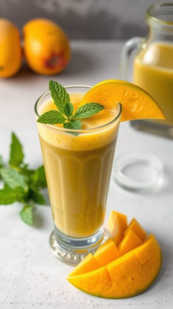 A refreshing mango green tea smoothie garnished with mint leaves and fresh mango slices.