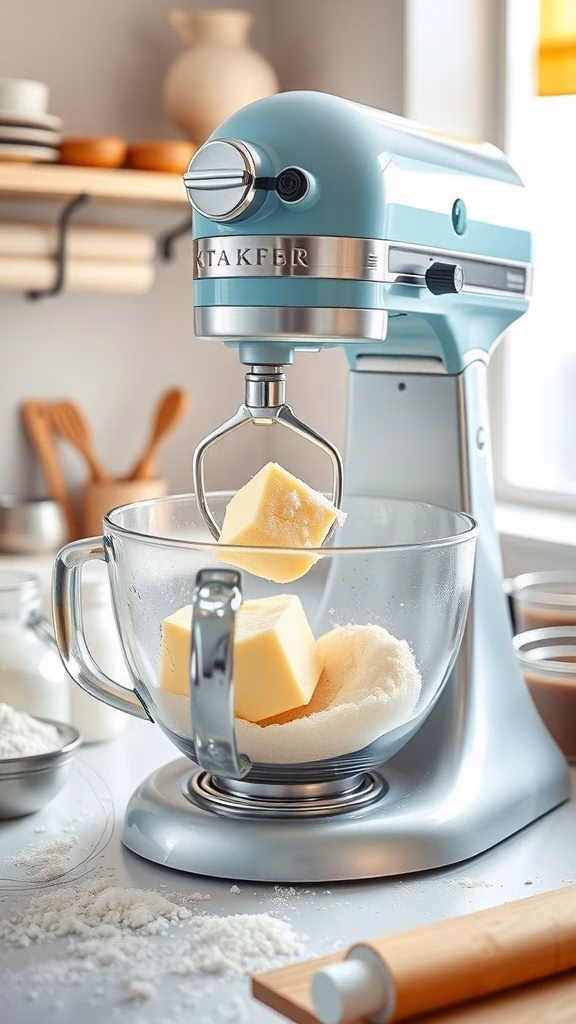 A light blue stand mixer with butter and sugar in a glass bowl, preparing for cake batter.