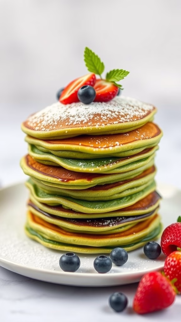 Stack of vibrant matcha green tea pancakes topped with strawberries and blueberries.