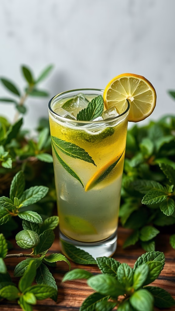 A refreshing Matcha Mojito cocktail garnished with mint and lime