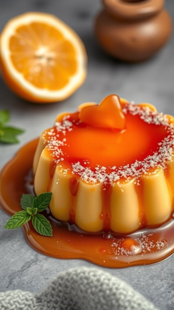 A beautifully presented Cajeta-Infused Flan with caramel sauce, garnished with mint and orange, showcasing its smooth texture.