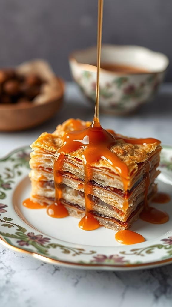 A slice of baklava drizzled with caramel sauce, on a decorative plate.