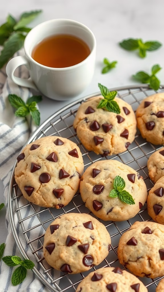 Mint Tea Chocolate Chip Cookies on a cooling rack with fresh mint leaves