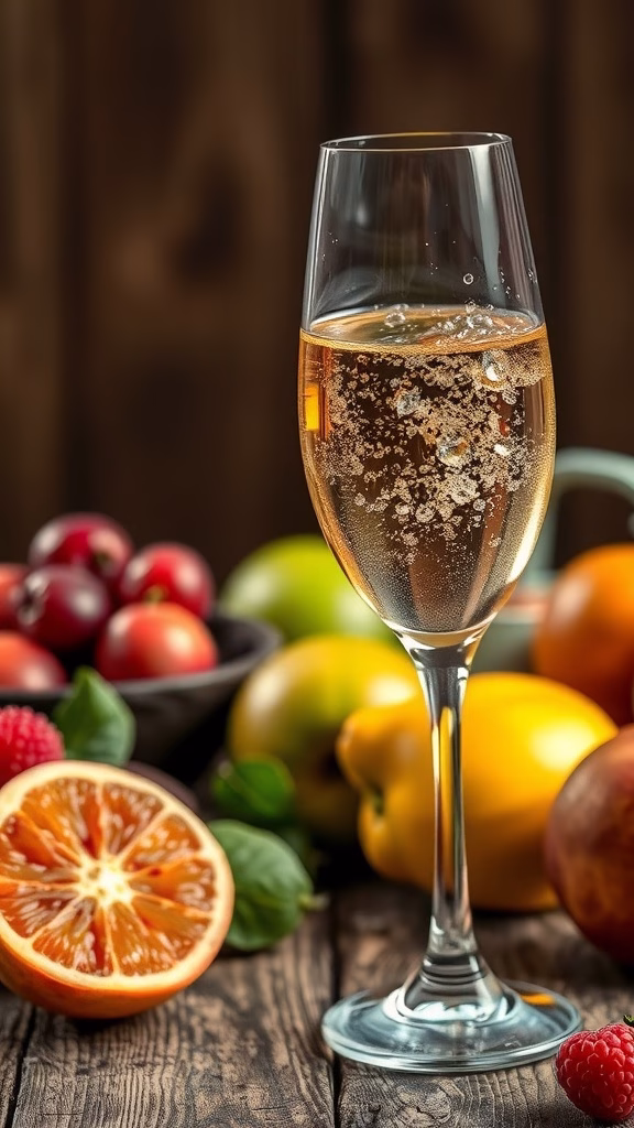 A glass of sparkling Moscato D'Asti surrounded by fresh fruits on a wooden table.