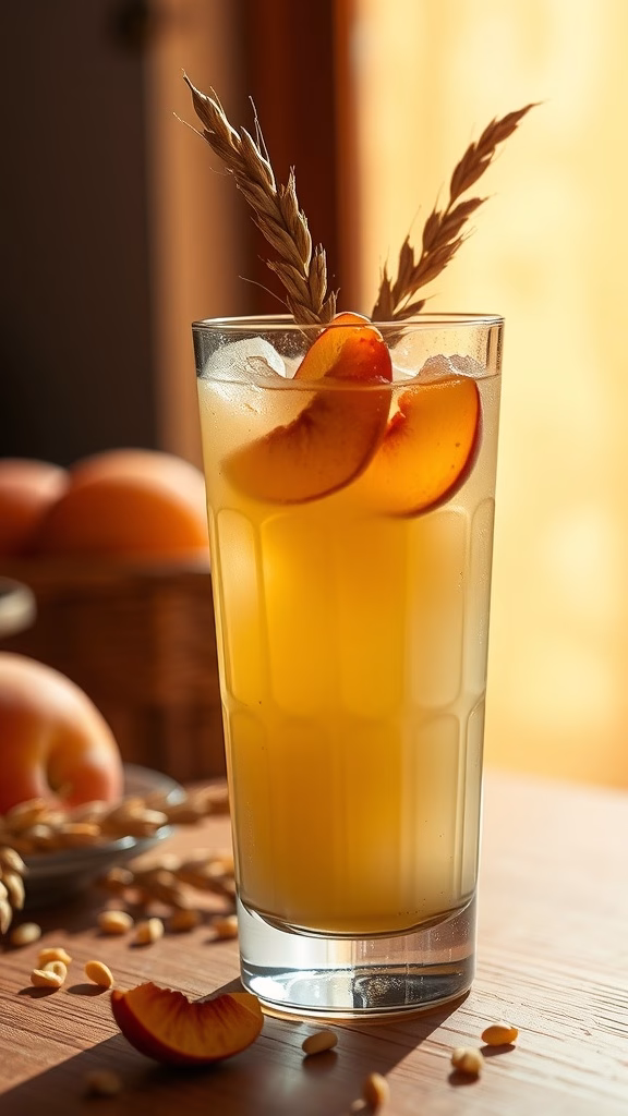 A refreshing glass of Mote con Huesillo garnished with peach slices