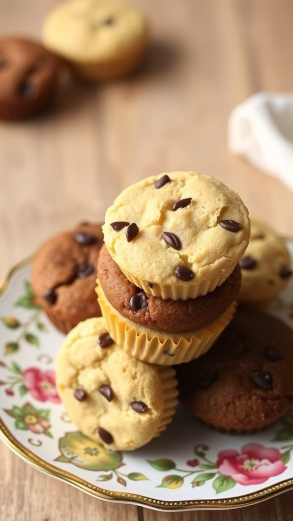 A plate of muffin top cookies, featuring both chocolate and vanilla flavors, stacked together with chocolate chips.