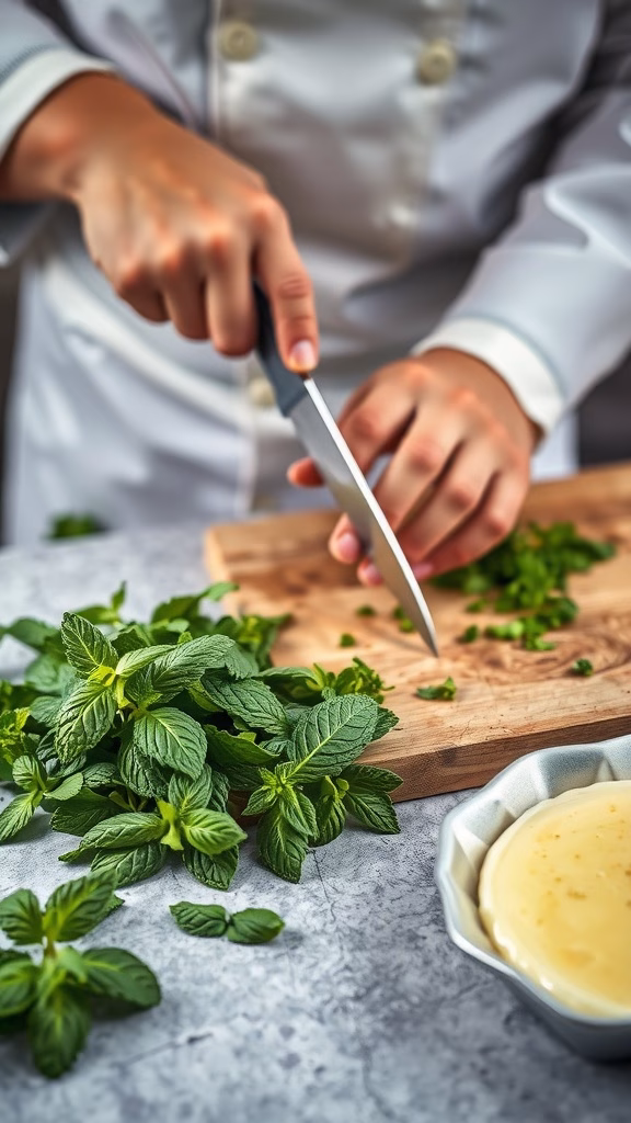 A chef chopping fresh mint leaves on a cutting board.