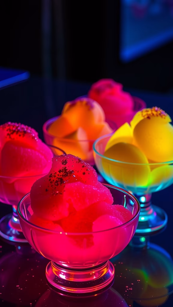 Colorful neon fruit sorbet in bowls with sparkling edible glitter.