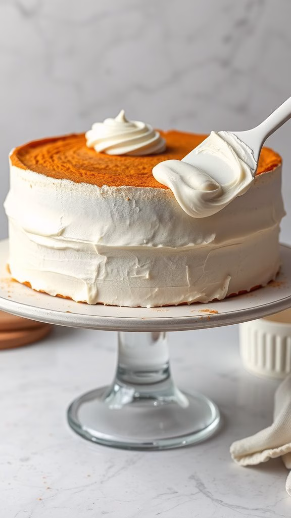 A close-up of a cake being frosted with an offset spatula.