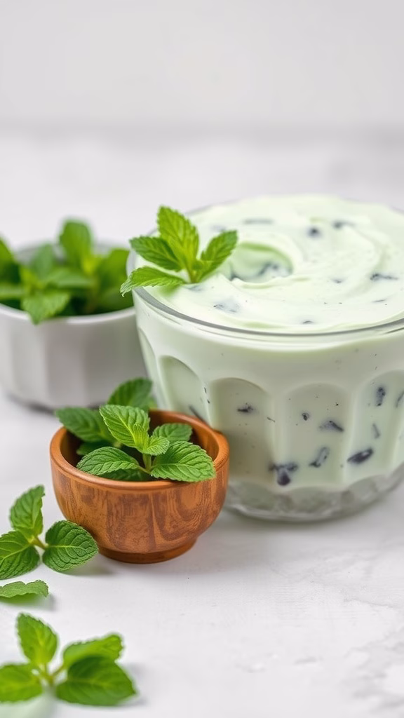 A creamy mint dessert with fresh mint leaves on top, showcasing the balance of flavors.