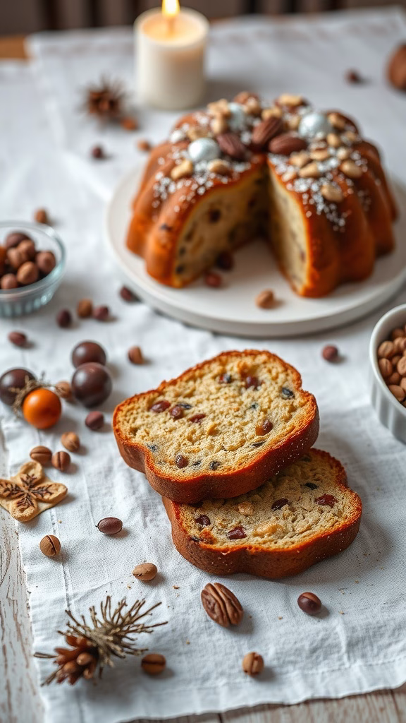 A beautifully baked Pan de Pascua, showcasing its rich texture and festive garnishes.