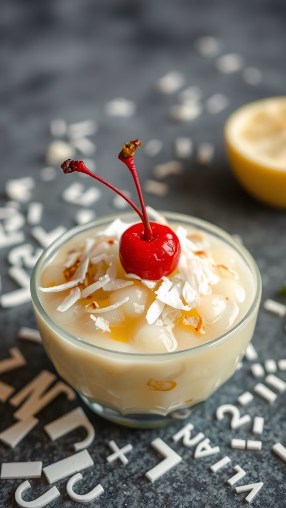 A delicious serving of pandan flavored tapioca pudding topped with coconut and cherries.