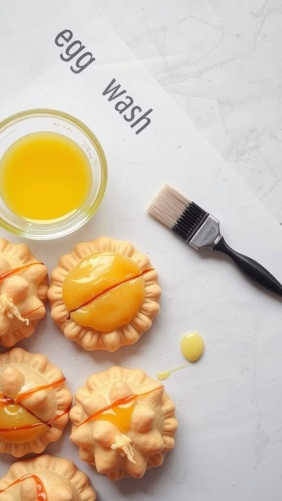 Pastry brush on a table with a bowl of egg wash and pastries ready for glazing.
