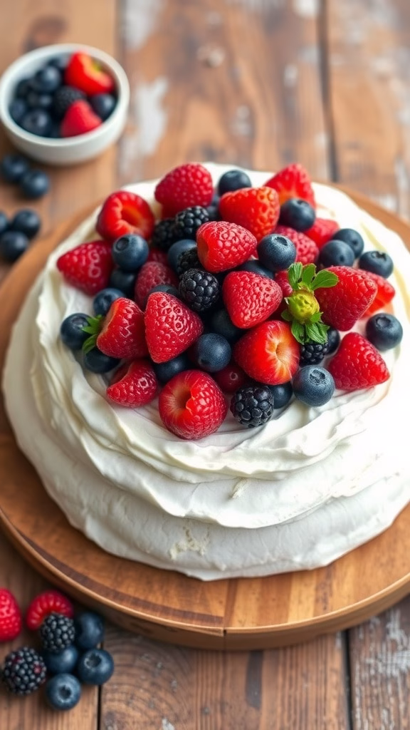 A pavlova dessert topped with whipped cream and fresh berries, presenting a light and airy treat.